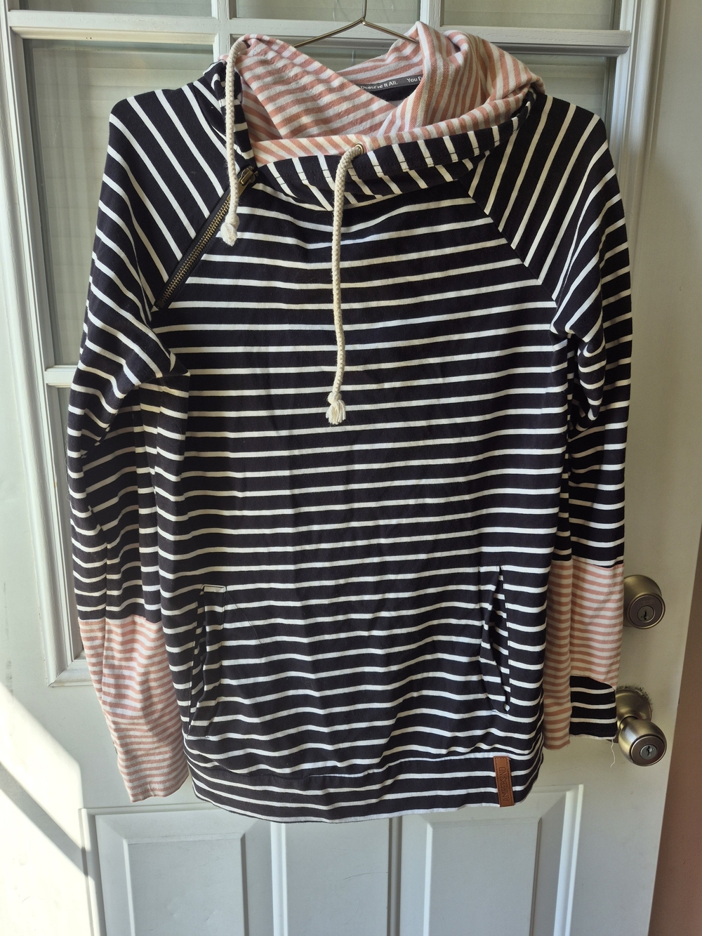 Ampersand Avenue Striped Cowl Hoodie in Black, White & Pink